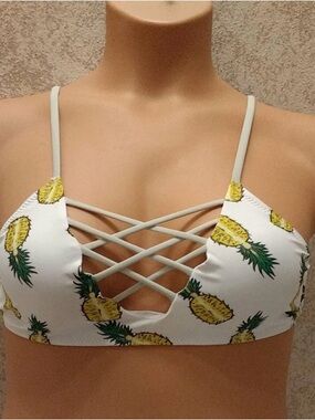 Source Unknown White Pineapple Print Lattice Front Bikini Top